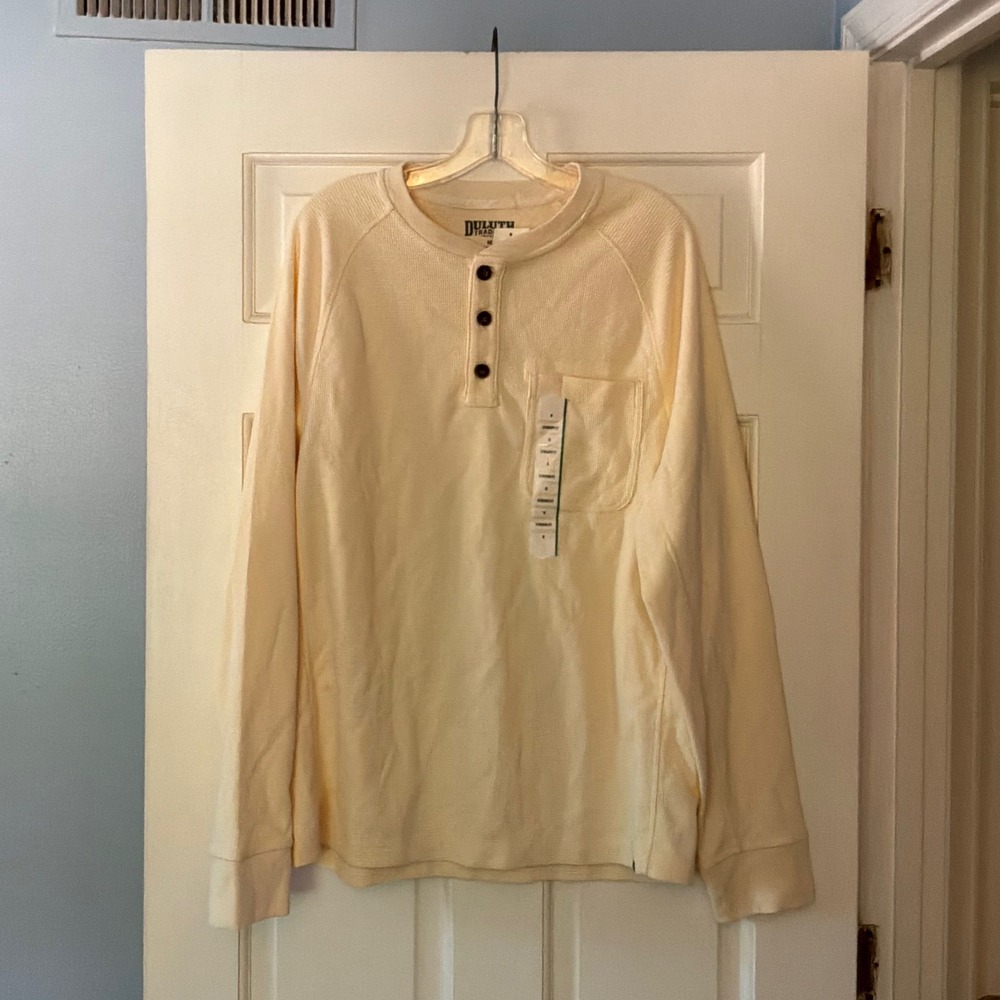 Duluth Trading Mens Burly Thermal Henley Birch M NEW Waffle Knit Cream Shirt